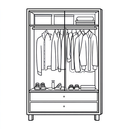 This monochrome illustration depicts a wardrobe interior, showcasing garments hanging on a rail and items neatly arranged on shelves and inside drawers. The image displays shoes, accessories, and folded textiles. The composition utilizes clean lines and even lighting. This image could be suitable for editorial and commercial applications.の素材