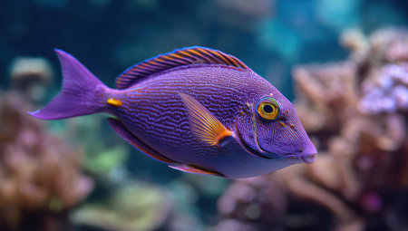 A close-up view presents a brightly colored purple fish. The fish has yellow and orange accents. The surrounding environment appears to be an underwater setting with blurry coral formations. This image is suitable for various commercial uses, including educational materials and decorative designs.の素材