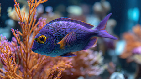 A close-up captures a vividly colored purple fish gracefully swimming near coral. The image displays a shallow depth of field, showcasing the fish's intricate details and textures. Warm-toned coral surrounds the subject, set against a blurred background, suggesting an aquarium environment. Suitable for marine life illustrations, educational material, or creative design projects.の素材