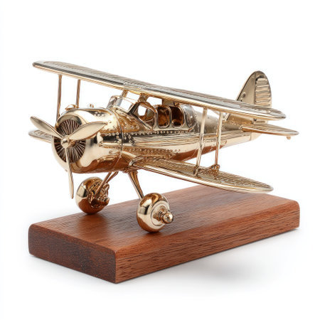 A detailed model airplane, crafted from shiny metal, rests on a rectangular wooden base. The aircraft features propellers, wings, and a cockpit, all reflecting light. The neutral background enhances the metallic sheen, highlighting the object's form and texture, and could be utilized in design or illustrative projects.の素材