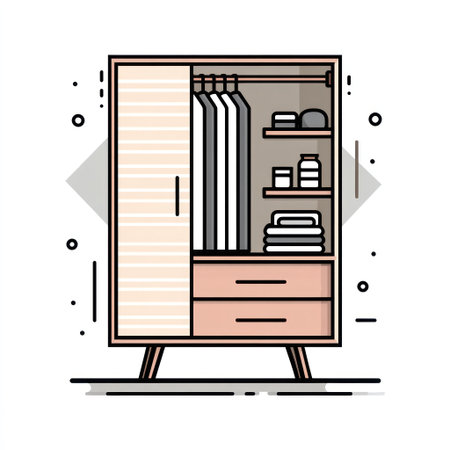 An illustrated wardrobe features a beige exterior with a pink drawer. Inside, clothes hang, and shelves display objects and folded items. The design includes black outlines against a white background, suggesting a modern aesthetic. This vector graphic is suitable for diverse commercial or editorial applications.の素材
