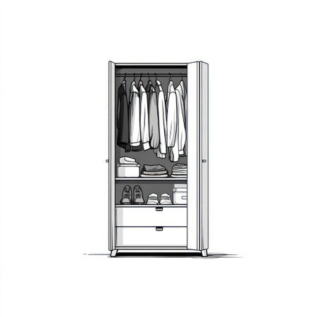 An illustrated wardrobe displays organized clothing, shoes, and storage. The monochromatic palette and clean lines suggest a minimalist style. The composition, lit by overhead lighting, is suitable for design projects, interior design, or conceptual representations of lifestyle, fashion, or organization in editorial and commercial uses.の素材