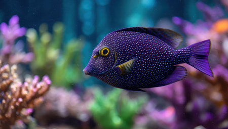 A close-up showcases a purple fish with dotted patterns swimming in a marine environment. The fish is highlighted against a background of colorful coral and clear water. The underwater scene, with various hues and textures, is suitable for educational or decorative purposes.の素材
