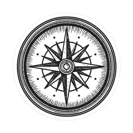 This black and white illustration presents a classic compass rose, a navigational tool. The design features intricate lines, a central point, and directional arrows. The circular composition is set against a clean white background, suitable for various uses, including design projects, educational materials, and editorial content.の素材