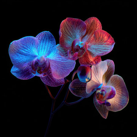 Three orchid blooms, each with unique color gradients, are featured against a deep black backdrop. The flowers display a spectrum of hues, including blue, red, and orange, showcasing detailed textures. The composition utilizes close-up framing and strong lighting. Ideal for artistic design and decorative purposes.の素材