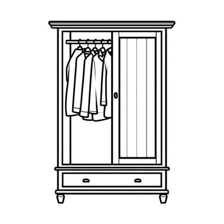This illustration showcases a classic wardrobe, featuring an open door revealing garments hanging on a rail. The image uses simple black lines on a white background, creating a clean and modern design. This graphic may be useful for various design projects, including educational materials and web design applications.の素材
