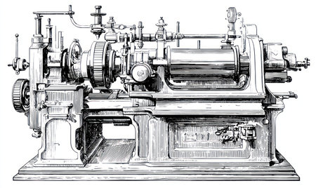 A detailed illustration presents a complex industrial machine, likely from a past era. The monochromatic image showcases intricate mechanical components and structures. The style is reminiscent of technical drawings. Suitable for educational or commercial projects related to history or technology.の素材