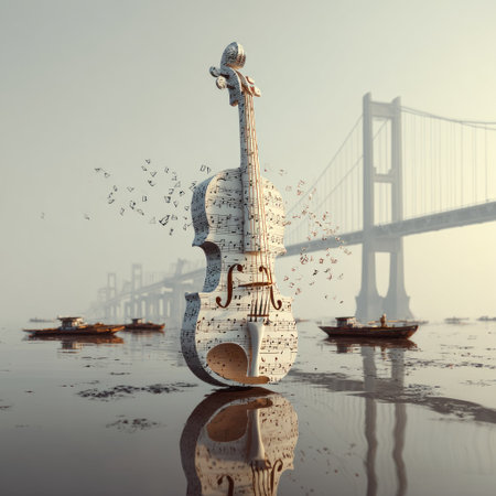 A violin, covered in musical notes, stands in water with a bridge in the background. The image presents a surrealist composition with soft lighting. Reflections on the water add depth to the scene. This artwork could be used in artistic, educational, or promotional materials.の素材