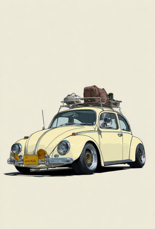 An illustrated image features a classic automobile with luggage secured on its roof rack. The vehicle is depicted in a side view, set against a cream-colored backdrop. The artwork showcases detailed linework with a palette of soft colors. This image is suitable for various commercial uses, including advertising and editorial content.の素材