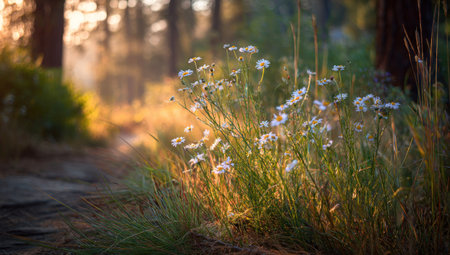 Wildflowers bloom beside a path in a sunlit forest. The image presents a shallow depth of field, with soft focus on the foreground and a blurred backdrop. Warm sunlight creates a bright, inviting ambiance. This imagery may be used for various commercial or editorial applications.の素材