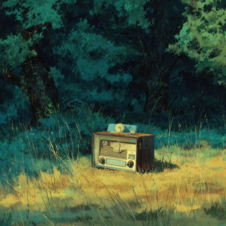 An illustration depicts a vintage radio placed on a grassy ground. The radio is the central element against a background of lush trees and vegetation, suggesting an outdoor environment. The color palette incorporates greens and browns creating a tranquil atmosphere. Suitable for a variety of editorial and commercial applications.の素材