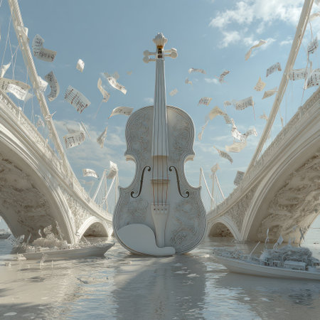 A surreal artistic composition features a large violin sculpture positioned between two bridges. The scene is dominated by shades of white and blue, with water at the base. Scattered, white paper notes appear to be flying in the sky. It could be used for various creative projects, including editorial or commercial endeavors.の素材