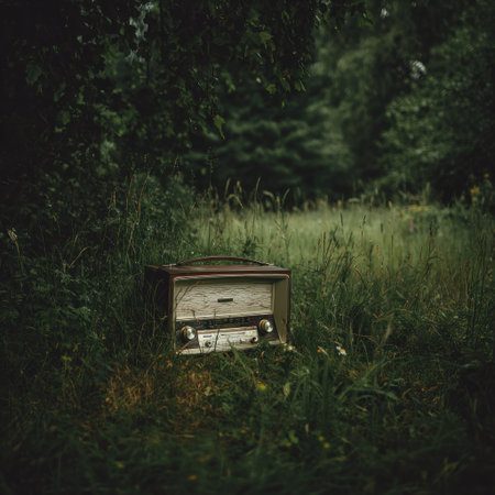 An antique radio stands in a field of green grass and foliage. The image displays a vintage aesthetic with soft focus, featuring an old radio receiver. Natural lighting illuminates the scene in an outdoor environment, with space for text. Suitable for design and editorial uses.の素材