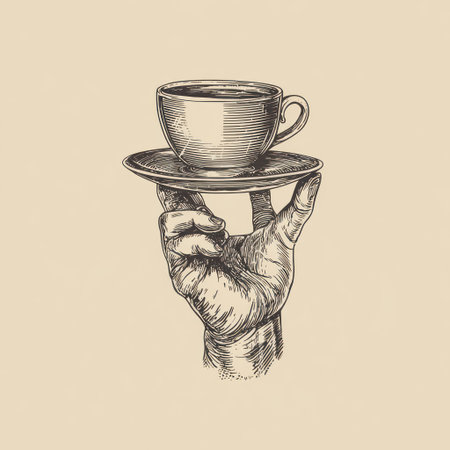 An illustrated hand holds a coffee cup on a saucer. The artwork uses a monochrome palette with fine lines. It depicts a close-up with detailed textures of the hand and cup, suggesting a focus on the beverage and service. This image may be suitable for editorial or commercial purposes.の素材