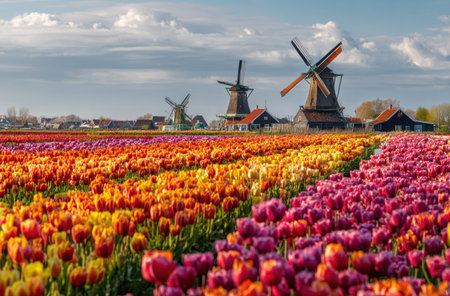 A colorful field of tulips stretches towards wooden windmills under a partly cloudy sky. The composition showcases rows of various colored tulips. The lighting suggests daytime. This image is suitable for various applications, including tourism, gardening, or environmental themes, and can be used for editorial purposes.の素材
