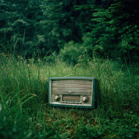 An aged radio sits prominently amidst tall green grass and a dense background of trees. The composition utilizes a natural, verdant color palette with overhead lighting. Its vintage aesthetic hints at an older time. This image has potential applications in editorial projects and visual storytelling.の素材