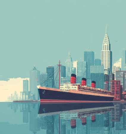 An illustration depicts a large ocean liner cruising past a modern city skyline. The artwork showcases a retro style, featuring a color palette dominated by blues and reds, with a strong emphasis on architectural details. The image evokes a sense of travel and nostalgia, suitable for various editorial and commercial applications.の素材
