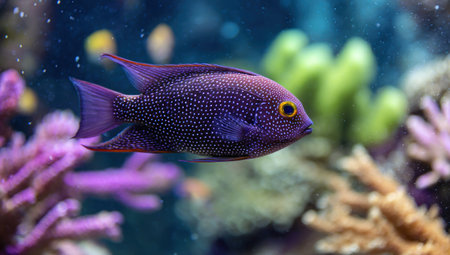 A close-up view presents a brightly colored fish, exhibiting a speckled pattern and vibrant purple hue. The fish swims near diverse coral formations, showcasing various shapes and colors. The image suggests an aquatic environment with natural light, suitable for educational or decorative applications.の素材