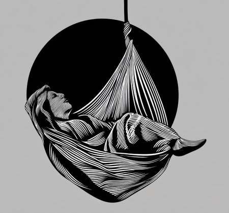An illustration depicts a woman reclining in a hammock, rendered in a black and white style. The artwork features detailed line work with varying shades and textures. The woman and hammock are set against a dark circle, creating a stark contrast. Suitable for editorial and commercial applications.の素材