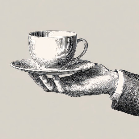 An illustration depicts a hand presenting a teacup and saucer. The monochromatic artwork showcases detailed textures. The composition likely aims to evoke a sense of elegance, potentially suitable for editorial content or promotional materials. The style suggests a classic setting, possibly related to food or beverage themes.の素材