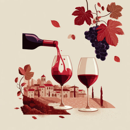 An illustration depicts wine being poured into two glasses, with a vineyard scene in the background. The art features deep red tones for the wine, and the leaves. It uses a clean, modern illustration style. This image could be used in editorial or commercial projects related to beverages or food.の素材