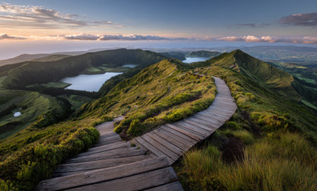 A wooden pathway winds across rolling green hills, leading toward tranquil lakes under a vibrant sunset. The landscape features lush vegetation and a dramatic sky. The image exhibits a natural style, suitable for various commercial uses, including travel and environmental themes.の素材