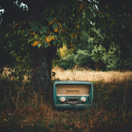 An aged radio rests in a field of grass under a large tree. The scene displays a vintage aesthetic with warm, earthy tones. The setting appears to be outdoors, with blurred foliage suggesting a natural environment. Suitable for a variety of commercial uses, the image conveys a sense of nostalgia.の素材