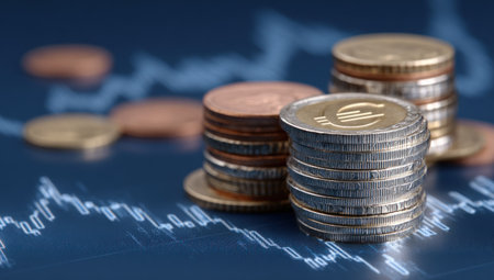 Several stacks of coins are arranged against a blurred background displaying a financial chart. The composition features close-up views of the metallic coins, exhibiting various colors and textures. This image could be used in articles related to finance, economics, or monetary themes. The lighting emphasizes the details and the monetary symbol.の素材