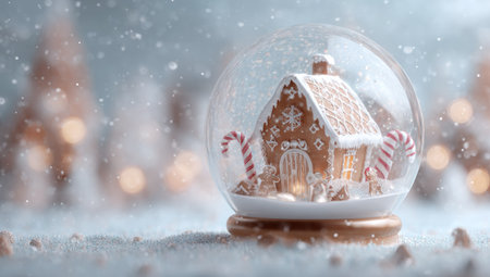 A snow globe contains a gingerbread house flanked by candy canes against a blurred winter backdrop. The scene evokes a cozy, festive atmosphere with soft lighting and a touch of fantasy. Suitable for commercial applications such as seasonal greetings, holiday promotions, or illustrative editorial content.の素材