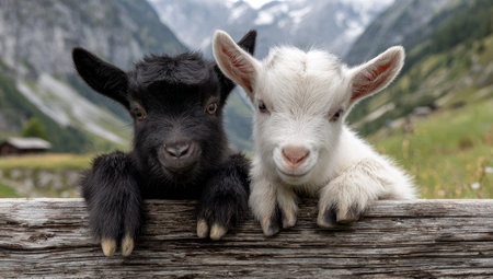 Two adorable baby goats are the focal point, one black and one white. They rest on a weathered wooden fence, against a background of lush greenery and distant mountains. The composition features soft lighting with a shallow depth of field, ideal for various commercial and editorial applications.の素材