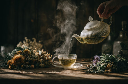 A hand pours hot, herbal tea from a glass teapot into a teacup. The steam rises, illuminating the delicate glass. Dried herbs and flowers surround the cup on a wooden surface. The lighting is dramatic, emphasizing the warmth and inviting qualities of the tea. Suitable for health and wellness visuals.の素材