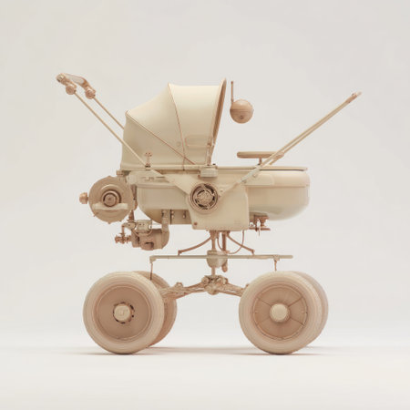 A detailed wooden baby carriage sculpture is presented on a clean background. The artwork features visible mechanical elements and large wheels. The color palette is primarily beige and brown, suggesting natural materials. This image may be suitable for advertising, design projects, and illustrations.の素材
