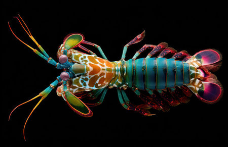 A close-up view displays a colorful mantis shrimp on a black backdrop. The crustacean presents a spectrum of colors, including vibrant green, blue, and orange. The image showcases detailed textures, sharp focus, and balanced lighting, potentially suitable for educational materials or artistic projects.の素材