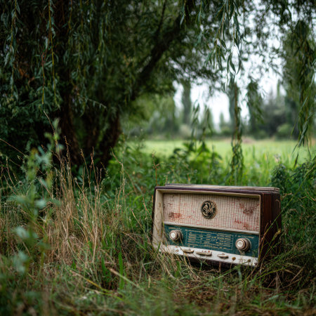 An antique radio rests in a natural setting among grass and foliage. The image displays a vintage aesthetic with warm tones, possibly shot during daylight. The composition includes details of an outdoor environment, possibly capturing elements for commercial applications such as nostalgia and technology.の素材