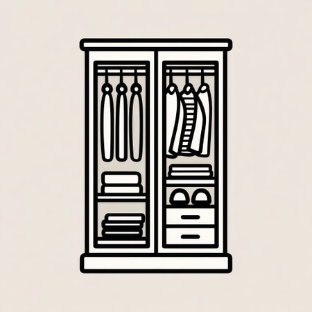 A vector illustration depicts a wardrobe filled with clothes, shoes, and organized storage. The image employs a flat design style, featuring bold black lines and simple shapes. The composition is symmetrical, highlighting the wardrobe's contents and structure. This illustration may be suitable for various design projects and commercial applications.の素材