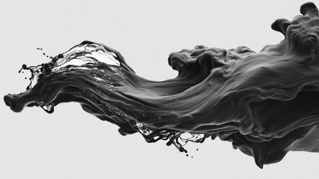 An artistic image presents a flowing mass of black liquid against a pristine white background. The composition highlights dynamic movement, showcasing intricate textures and forms. Ideal for visual projects, the image can be used for various creative endeavors, offering a versatile aesthetic.の素材
