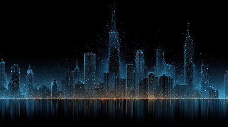 An abstract cityscape is depicted with a dark background, showcasing buildings rendered in a digital style. The image features various shades of blue and orange, creating a high-tech or futuristic aesthetic. The composition emphasizes a reflection effect. This design is suitable for promotional materials or visual concepts.の素材