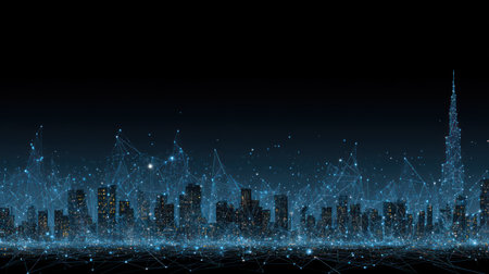 An illustration depicts a stylized cityscape formed by interconnected nodes and lines, suggesting a network. The composition features a dark background, with the city rendered in shades of blue and white, enhancing a futuristic aesthetic. This image is suitable for various commercial uses, including technology, business, and design projects.の素材