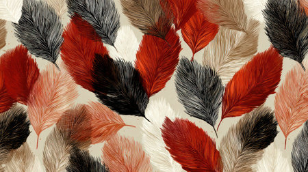 An abstract artwork features a repeating pattern of stylized feathers in varying colors. The design employs a range of warm and cool hues, including red, black, and neutral tones. The composition presents an overhead view with soft lighting, suitable for diverse uses.の素材