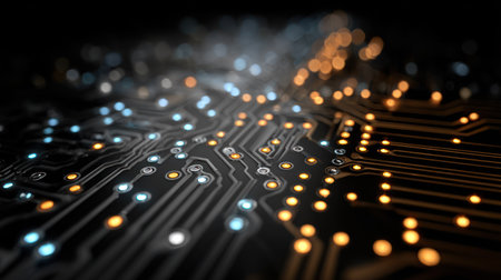 An abstract illustration shows a circuit board with glowing lights and complex pathways. The composition features a dark background, contrasted by orange and blue illuminated elements. This image, with its futuristic aesthetic, could be used in projects related to technology, communications, or digital design.の素材