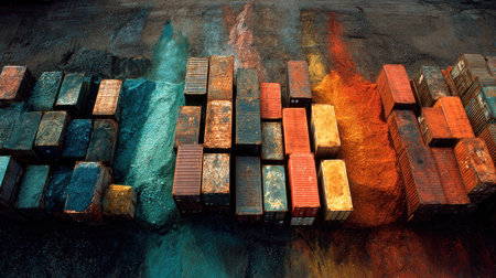 An overhead shot features an abstract arrangement of rectangular blocks varying in size and color. The surface texture of each block appears weathered. A palette of blues, greens, oranges, and browns creates a vibrant visual. This image could be used for various design projects or artistic representations.の素材