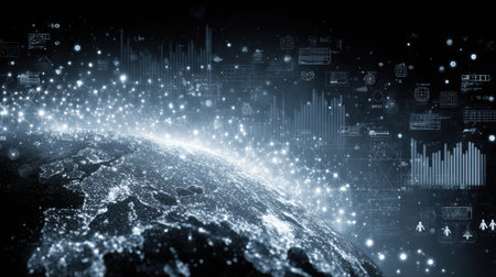 An artistic representation features a digital globe with interconnected data visualizations and glowing particles. The composition uses cool blue and white tones to create a futuristic and technological aesthetic. It may be suitable for illustrating concepts of global networks or data analysis and visualization.の素材