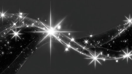 This image features a swirling design with bright white stars and wavy lines against a dark background. The composition emphasizes light and shadow, with a dynamic flow suggesting movement. The artwork is suitable for various applications, including website backgrounds, print media, and digital design projects. Its abstract nature lends itself to multiple creative uses.の素材
