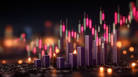 An artistic representation features a vibrant financial data chart with abstract, multi-colored candlestick indicators and digital elements. The composition showcases a dark background with blurred bokeh lights, suggesting a nighttime environment. This image is suitable for various commercial uses, including business presentations and marketing materials.の素材