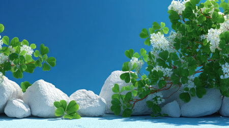 This image features a composition of white rocks and vibrant green foliage with white flowers, set against a bright blue backdrop. The style is clean and modern, with soft lighting and a focus on natural elements. Suitable for a range of commercial applications, the image offers visual appeal with its balanced arrangement.の素材