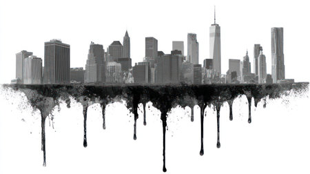 An abstract illustration presents a cityscape silhouette, rendered in monochrome. The buildings' forms vary in height, with a prominent tower. Below the city, paint drips cascade, creating a visual effect. Suitable for various design projects, this graphic could be used in editorial or commercial applications.の素材
