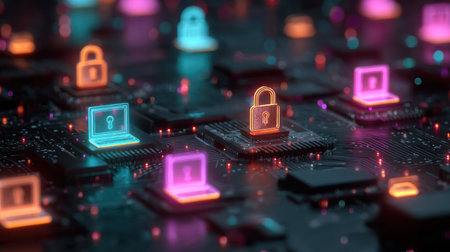 An artistic depiction presents a network of digital padlocks and laptop icons in a futuristic environment. The image uses vibrant neon colors and shallow depth of field to draw focus. Ideal for illustrative uses related to technology, security, and digital concepts, suitable for diverse commercial applications.の素材