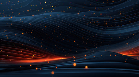 This abstract artwork depicts undulating dark blue waves with orange glowing particles, suggesting movement and energy. The composition features a sense of depth and dimension, enhanced by the interplay of light and shadow. Ideal for various creative projects, this image could be suitable for digital art, design elements, and backgrounds.の素材