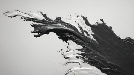 An abstract image showcases a dynamic splash of dark liquid against a plain light background. The composition features contrasting textures and forms in black and white tones. This artistic display suggests movement and fluid dynamics, lending itself to a variety of commercial and illustrative applications.の素材