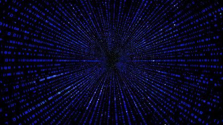 This image presents an abstract visual concept featuring a digital data stream tunnel. The composition utilizes a dark blue color palette with highlights, possibly suggesting a technological or futuristic theme. The radiating lines and binary code elements create a sense of depth. This imagery could be appropriate for editorial or commercial projects related to technology.の素材